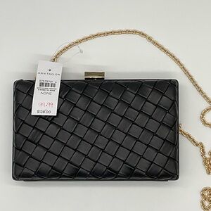 Ann Taylor Black Woven Clutch with Gold Chain